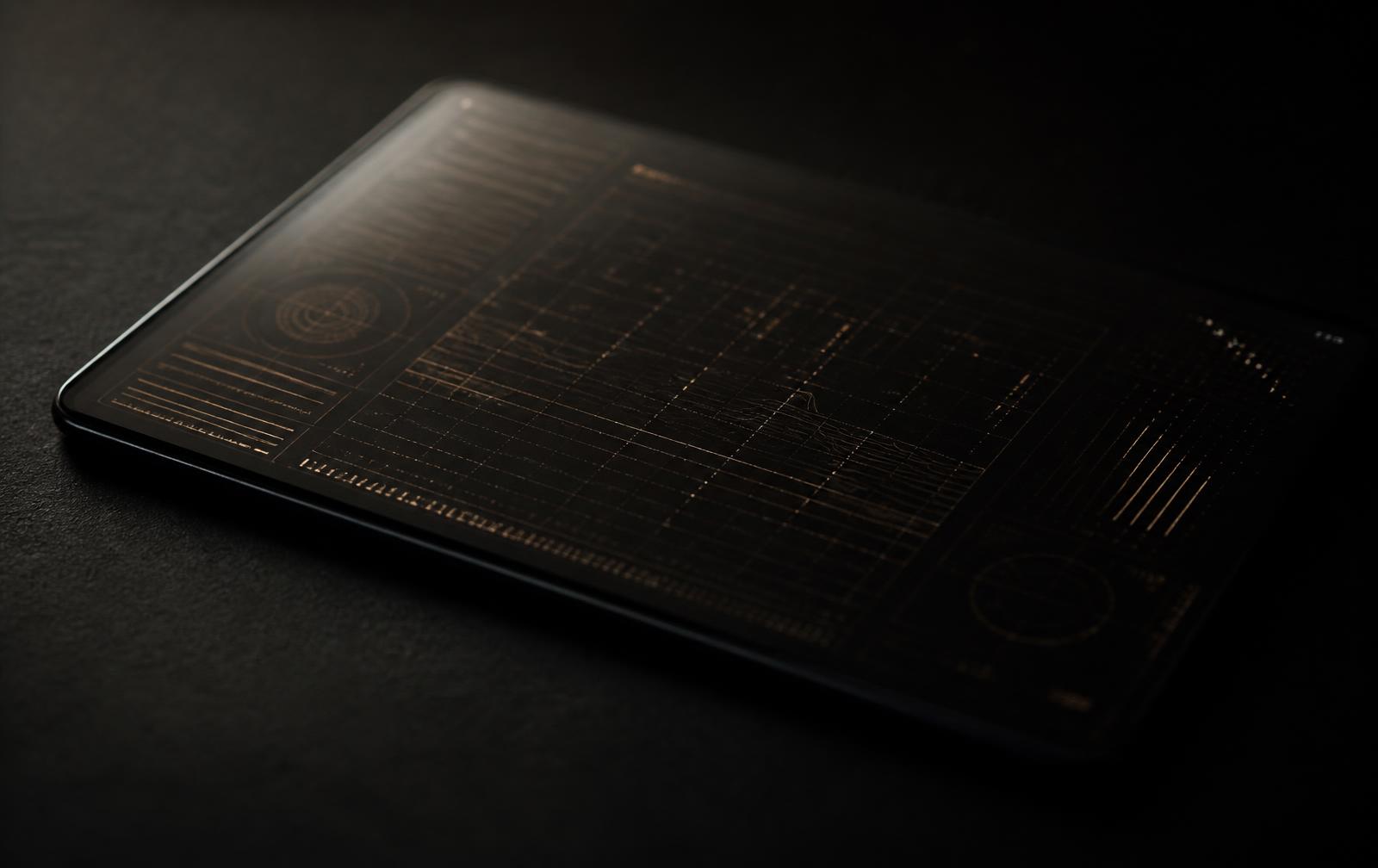 A dark glass tablet with a faint gold interface grid glowing through the screen