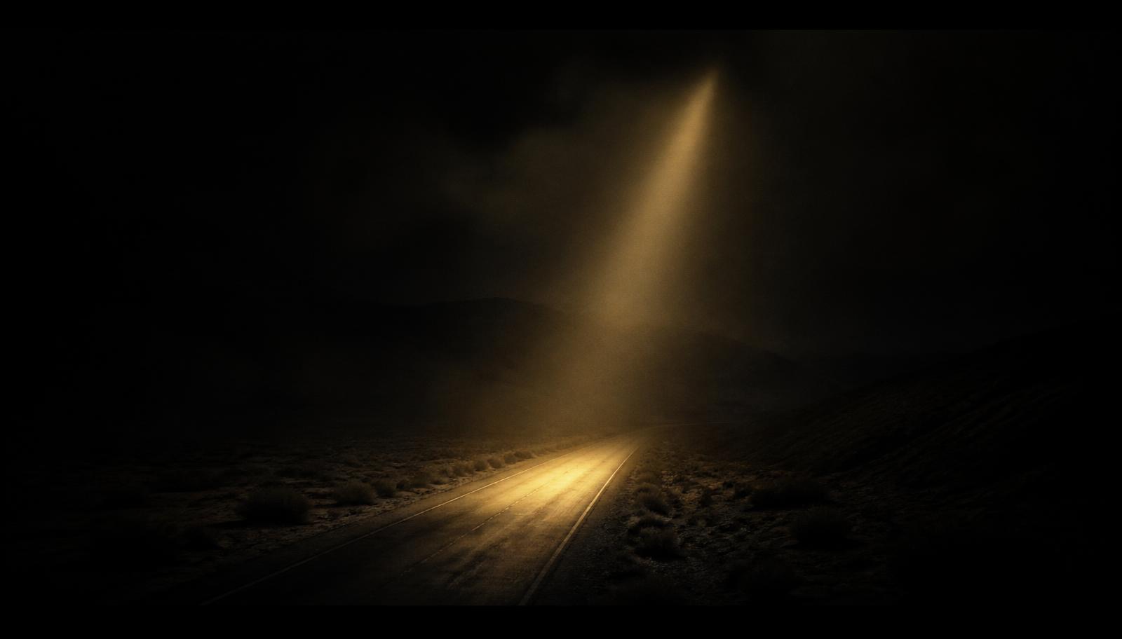 A desert road at night vanishing into darkness under a single narrow beam of light