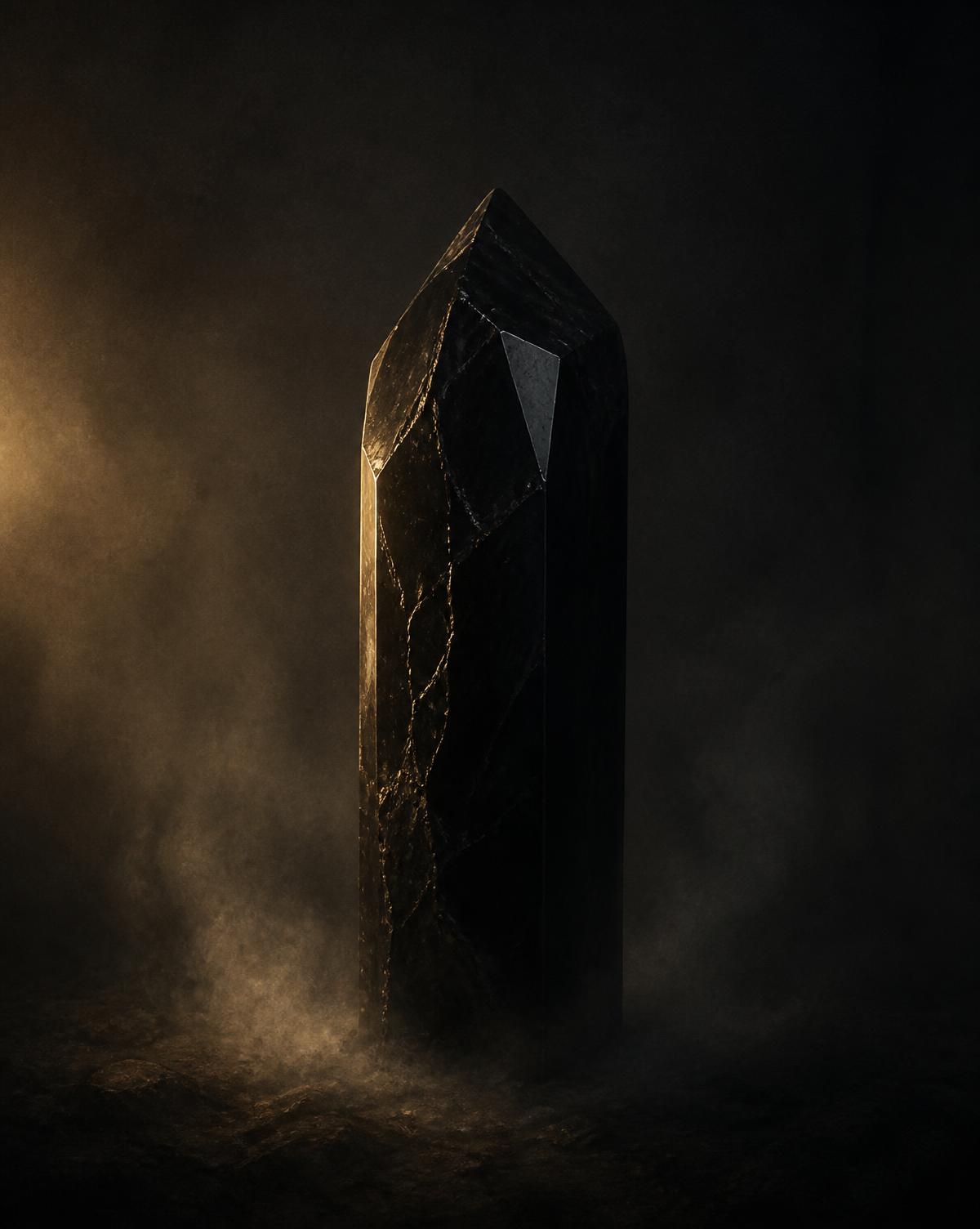 An obsidian monolith standing in fog, lit from one side by gold light