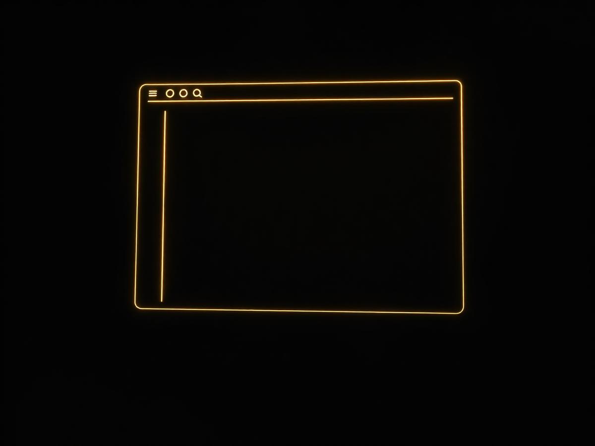 A wireframe browser window drawn in thin gold light against darkness